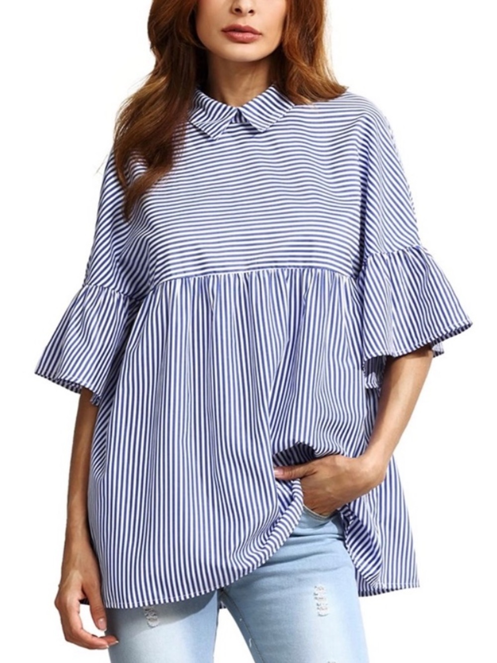 Oversized Ruffle Sleeve Striped Blouse